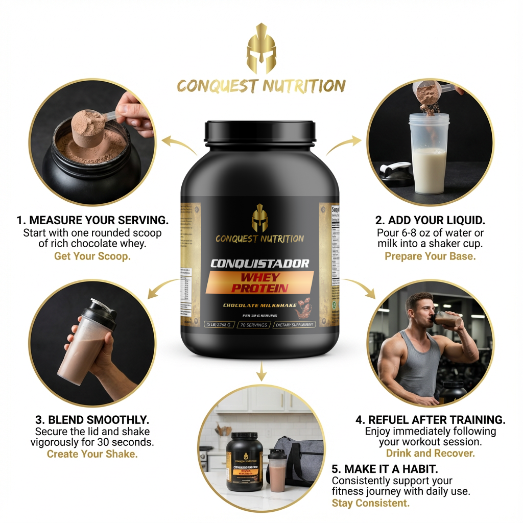 Conquest Nutrition whey protein packaging with usage instructions on a white background
