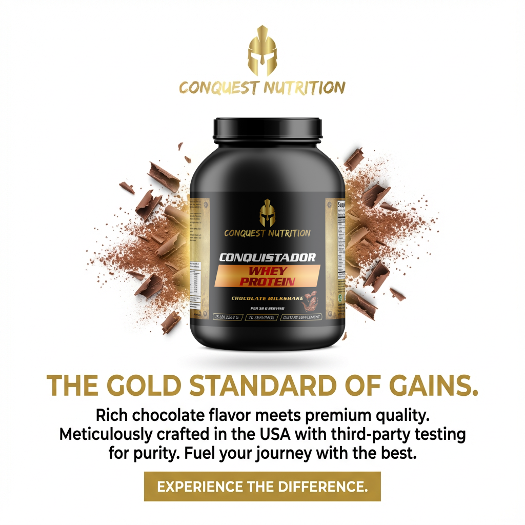 Conquest Nutrition Conquistador Whey Protein container with chocolate pieces on a white background