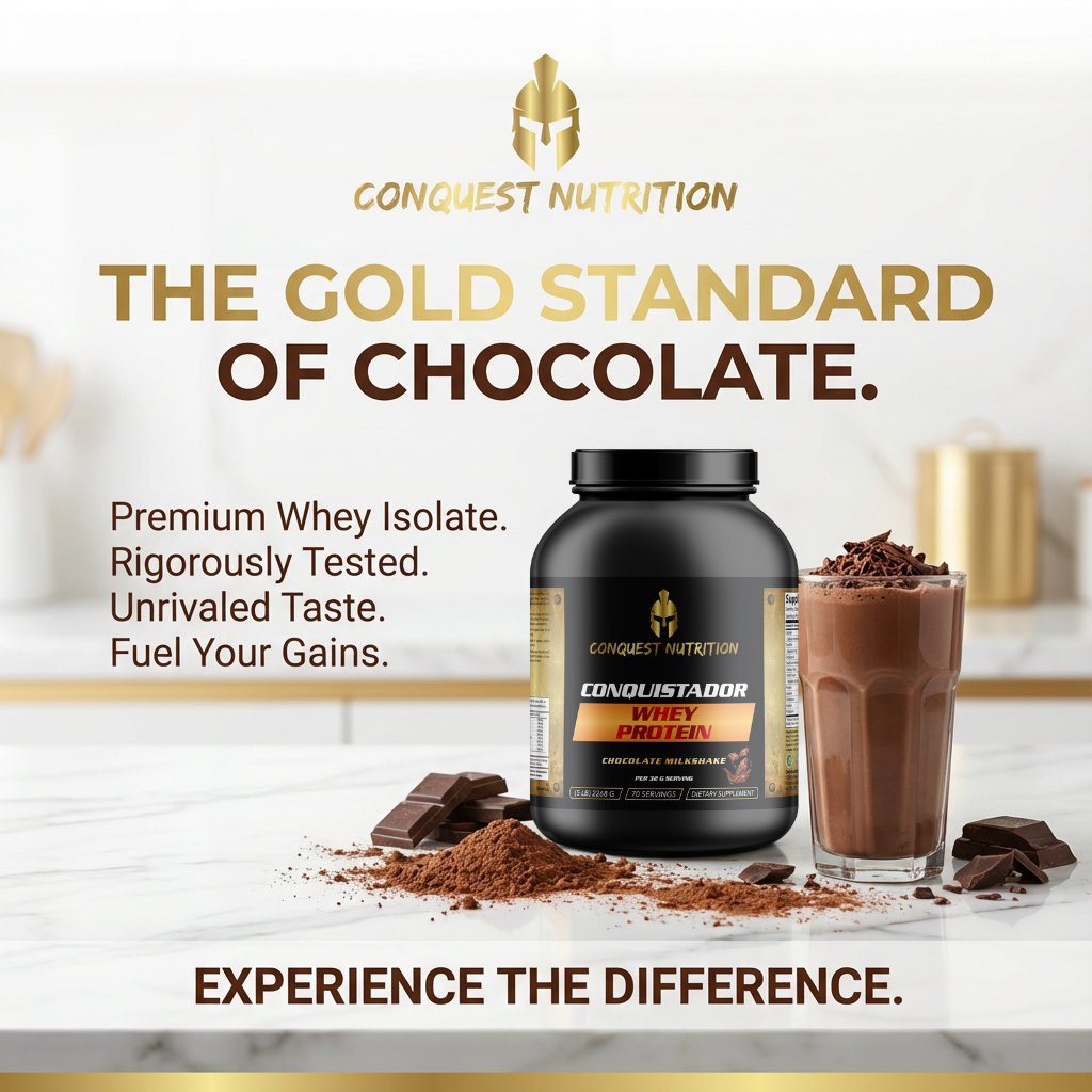 Conquest Nutrition whey protein with chocolate flavor on a white background