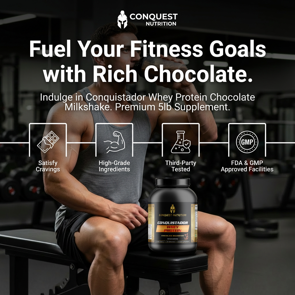 Man sitting on a gym bench with a protein supplement container, promoting Conquest Nutrition products.