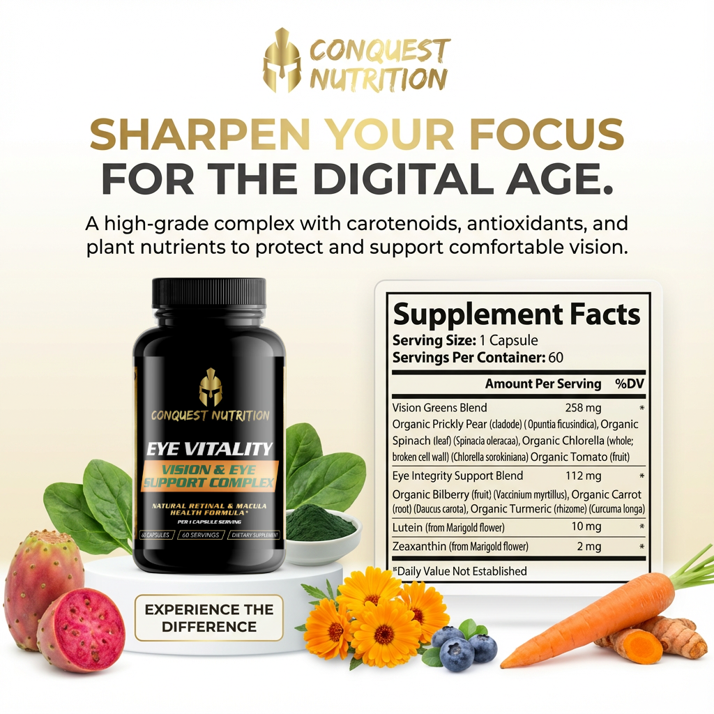 Conquest Nutrition Eye Vitality supplement with ingredients and text on a light background