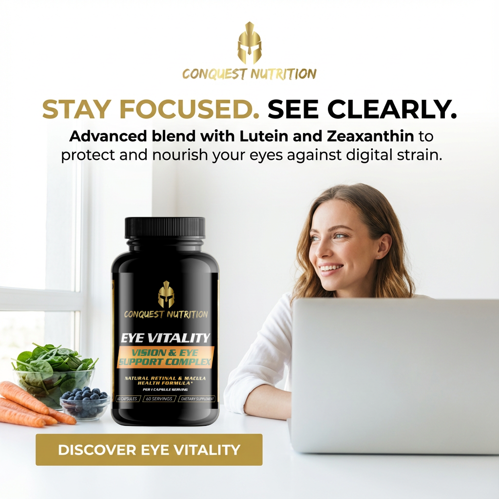 Advertisement for Conquest Nutrition Eye Vitality supplement with a woman using a laptop.