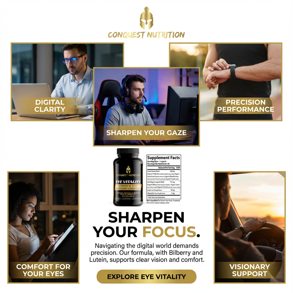 Advertisement for Conquest Nutrition eye supplement with text and images of people using technology.