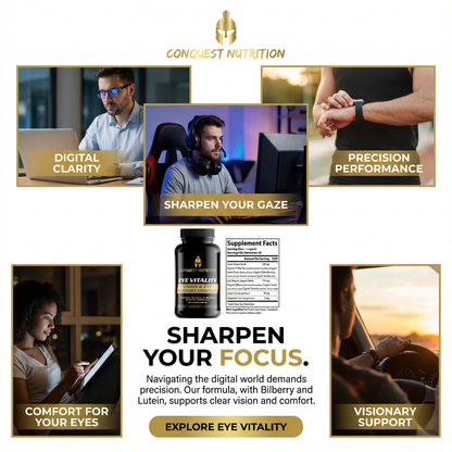 Advertisement for Conquest Nutrition eye supplement with text and images of people using technology.