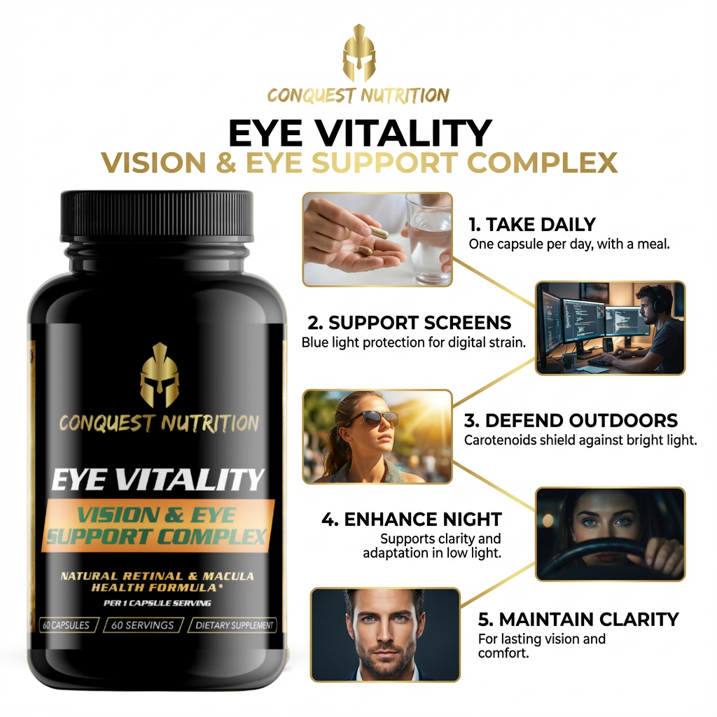 Conquest Nutrition Eye Vitality supplement bottle with usage instructions on a white background