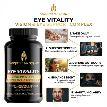 Conquest Nutrition Eye Vitality supplement bottle with usage instructions on a white background