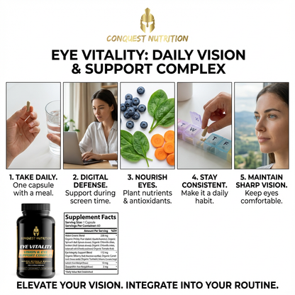 Advertisement for Conquest Nutrition Eye Vitality supplement complex with images and text on a white background.