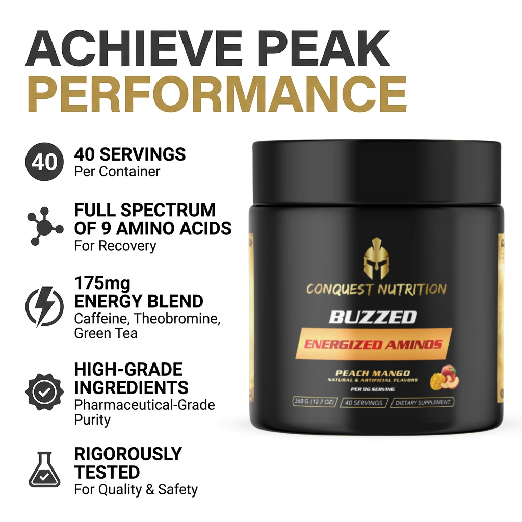 Conquest Nutrition Buzzed Energized Aminos supplement container with product details on a white background