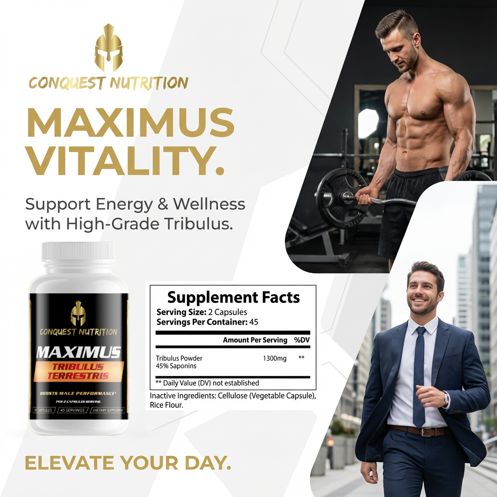 Advertisement for Conquest Nutrition Maximus Vitality supplement with a man lifting weights and another in a suit.