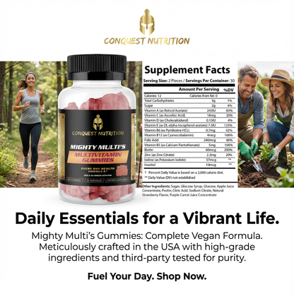Conquest Nutrition Mighty Multi Gummies supplement with lifestyle images of a running person, a couple gardening, and a person exercising.
