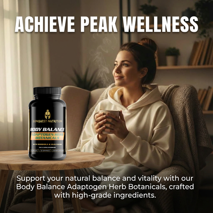 Woman sitting on a couch holding a mug with a supplement bottle labeled 'Body Balance' in front of her.