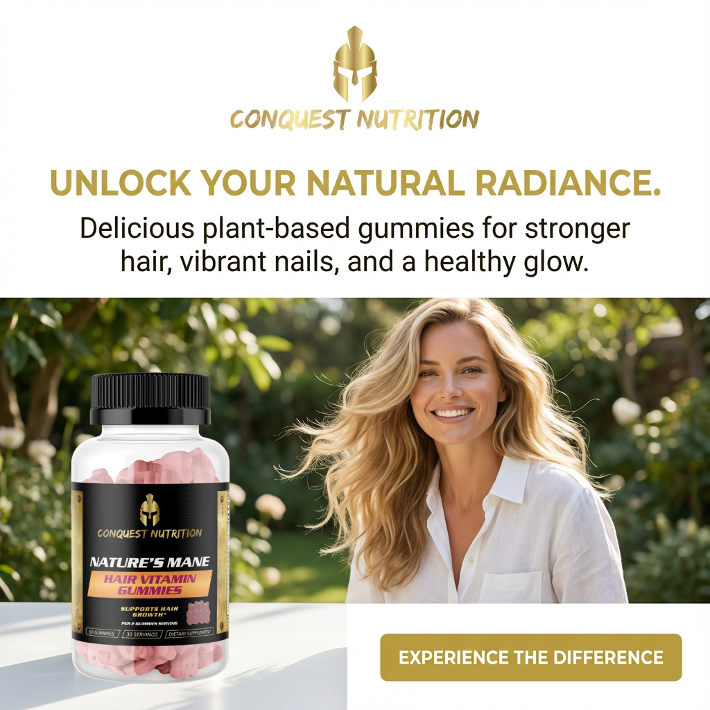 Conquest Nutrition hair vitamin gummies advertisement with a woman outdoors.