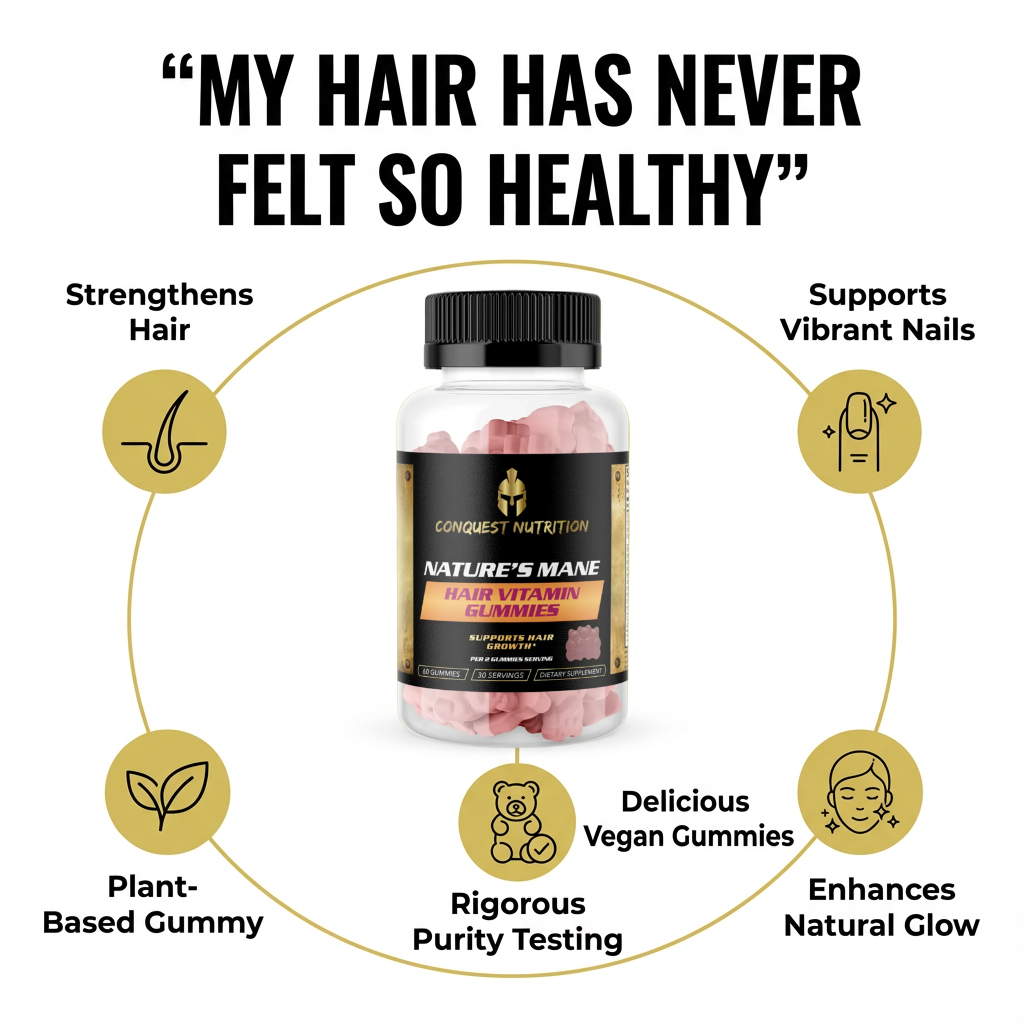Bottle of Conquest Nutrition Nature's Mane Hair Vitamin Gummies with text highlighting benefits on a white background.