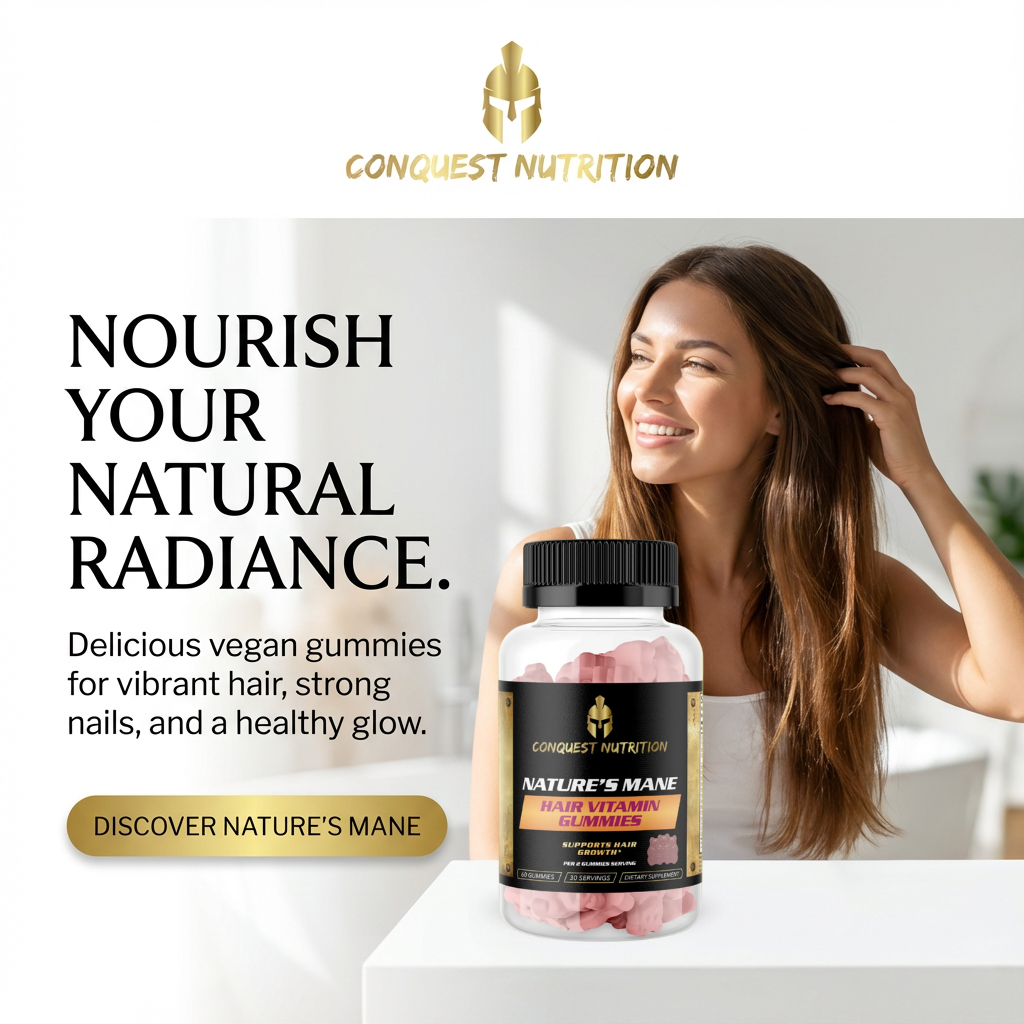 Advertisement for Conquest Nutrition hair vitamin gummies with a woman and product on a white background