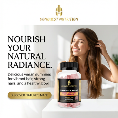 Advertisement for Conquest Nutrition hair vitamin gummies with a woman and product on a white background