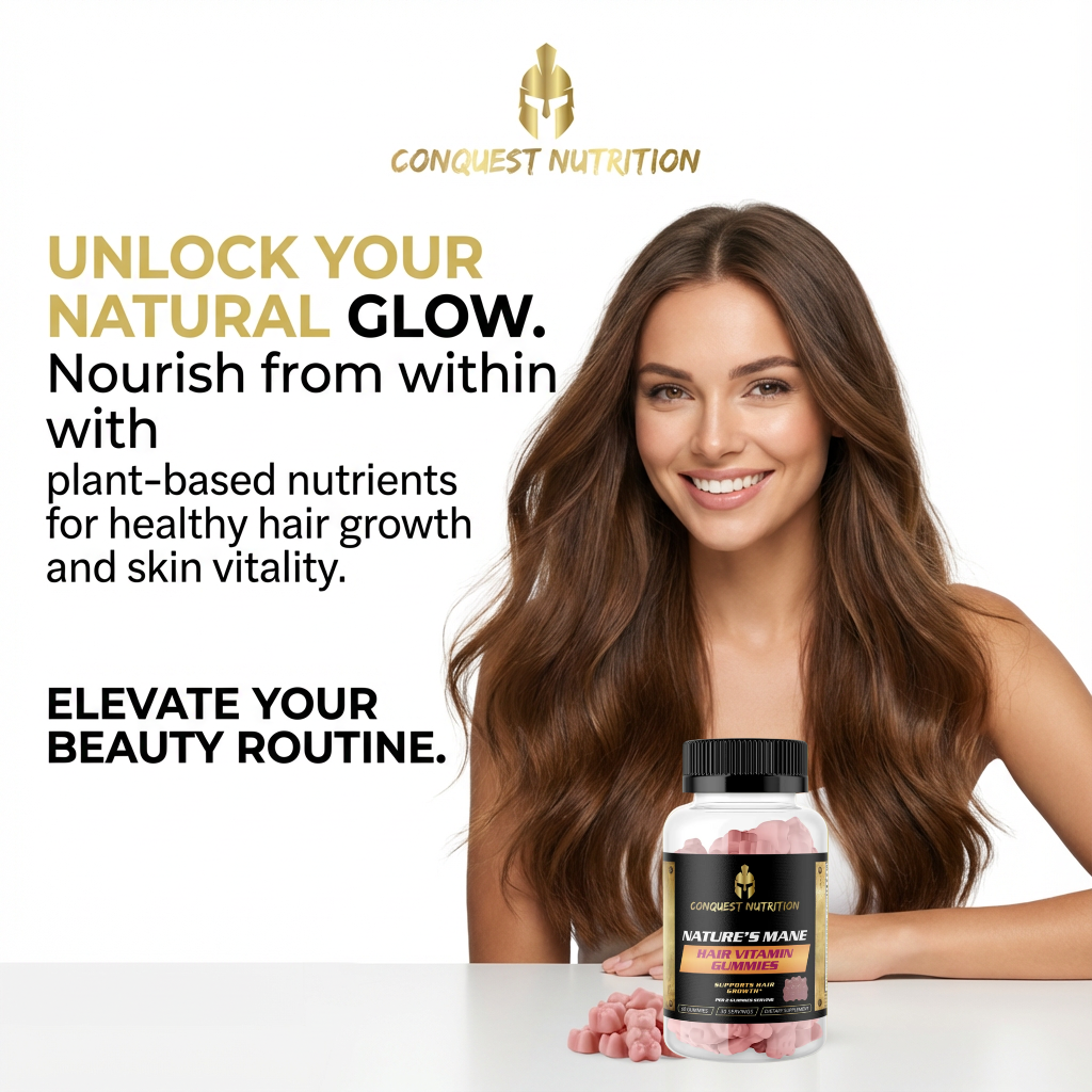 Advertisement for Conquest Nutrition supplements with a woman holding a bottle, promoting healthy hair and skin.