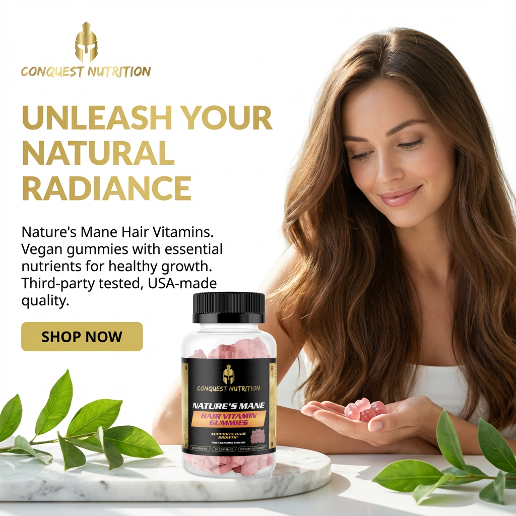 Advertisement for Conquest Nutrition hair vitamins with a woman holding gummies and a bottle on a marble surface.