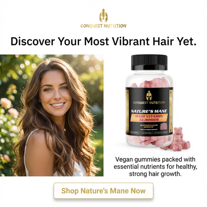 Advertisement for Conquest Nutrition Nature's Mane hair vitamin gummies with a woman and product image.
