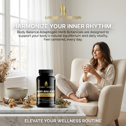 Woman sitting in a chair holding a mug next to a bottle of Conquest Nutrition Body Balance Adaptogen Herb Botanicals in a bright room.