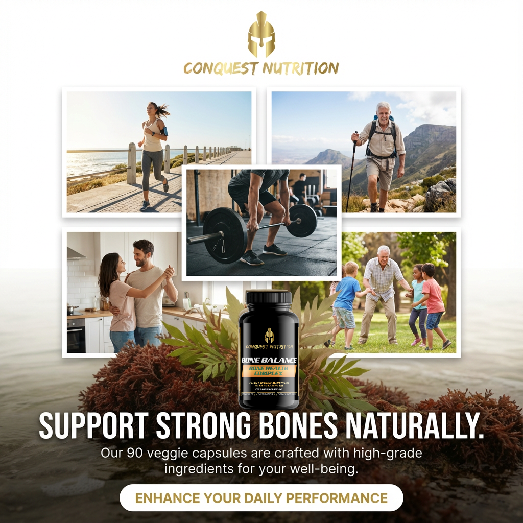 Advertisement for Conquest Nutrition supplement with lifestyle images and product display.