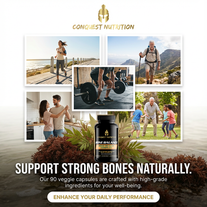 Advertisement for Conquest Nutrition supplement with lifestyle images and product display.
