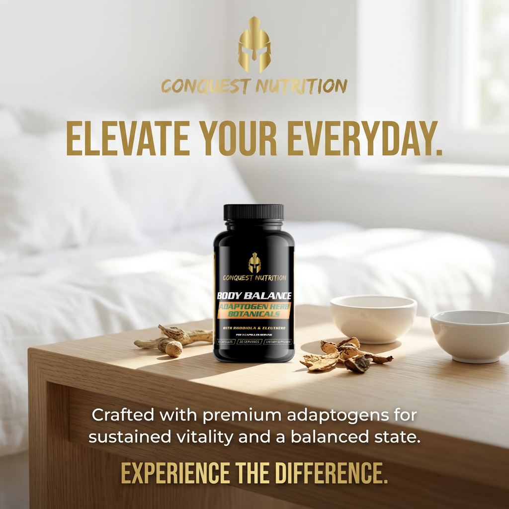Conquest Nutrition supplement bottle on a wooden surface with text about premium adaptogens.