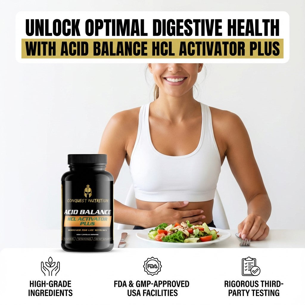 Woman eating a salad with a bottle of Acid Balance HCL Activator Plus in front of her, on a white background.