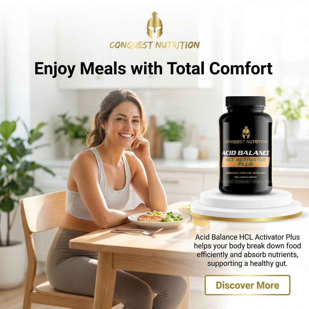 Woman sitting at a table with a Conquest Nutrition supplement bottle and text about acid balance support.
