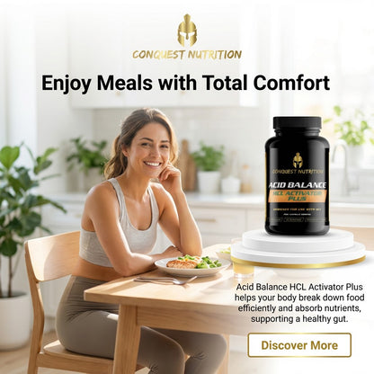 Woman sitting at a table with a Conquest Nutrition supplement bottle and text about acid balance support.