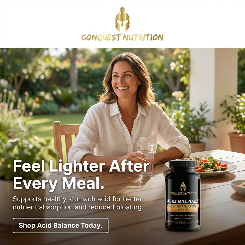 Woman sitting at a table with a bottle of Conquest Nutrition supplement in a garden setting.