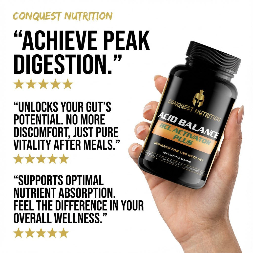 Hand holding a Conquest Nutrition supplement bottle with promotional text on a white background