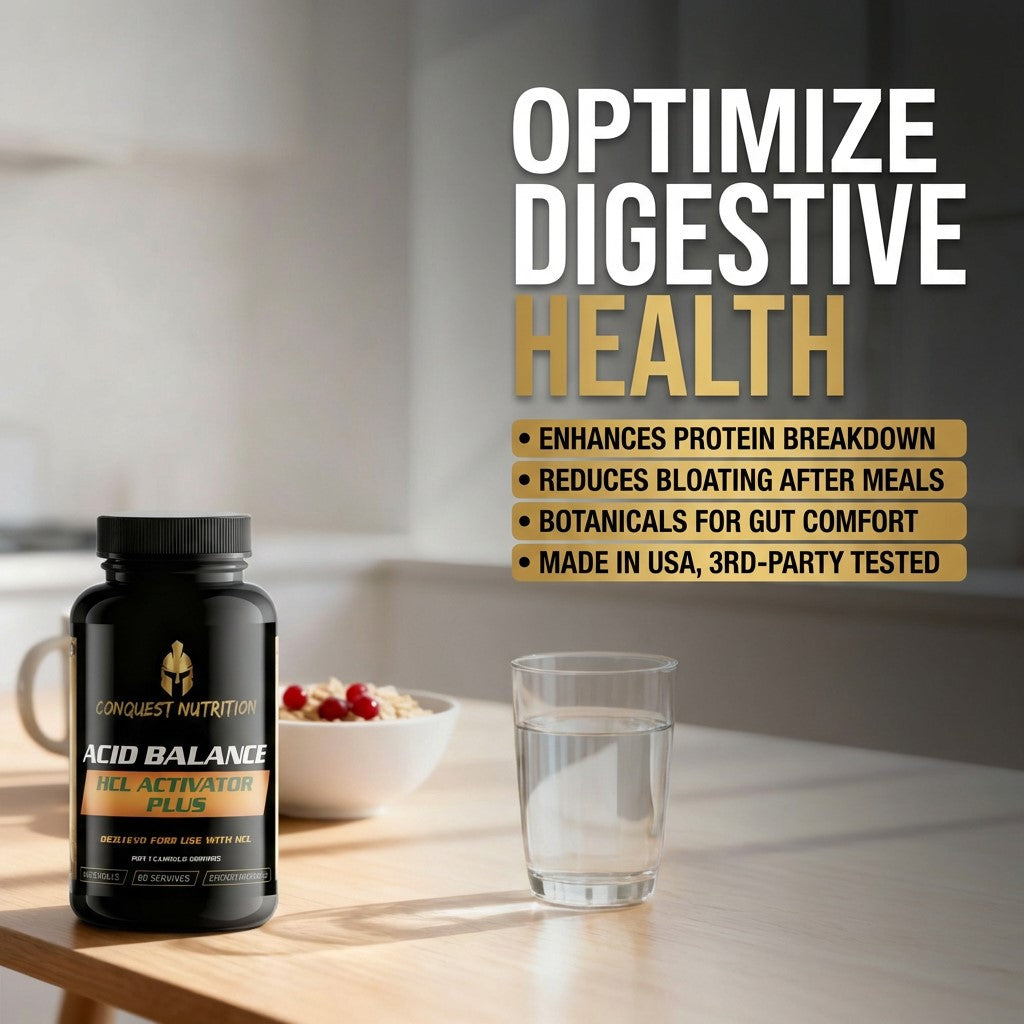 Supplement bottle labeled 'Acid Balance' on a table with a glass of water and bowl of fruit, text about digestive health benefits.