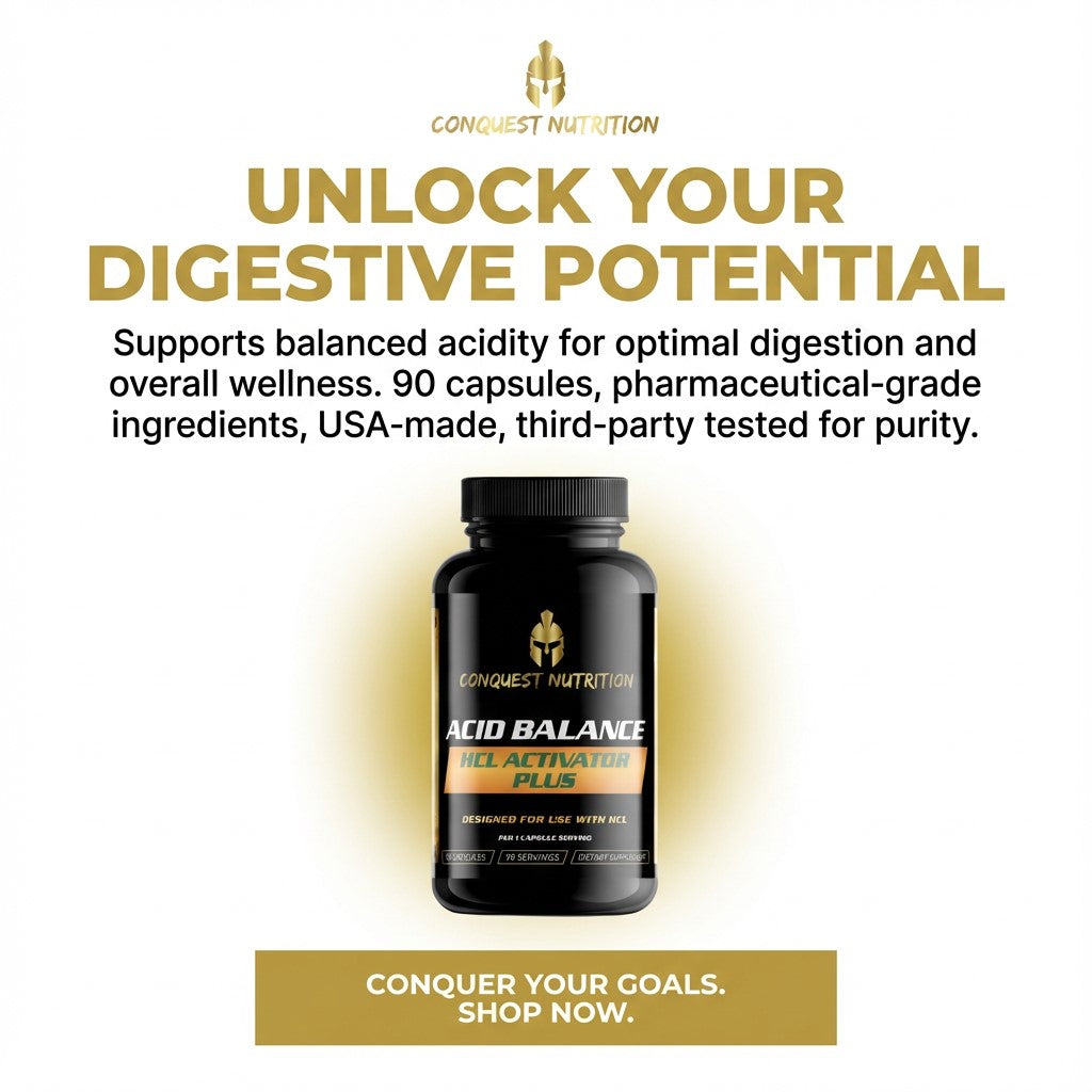 Conquest Nutrition Acid Balance supplement bottle with promotional text on a white background