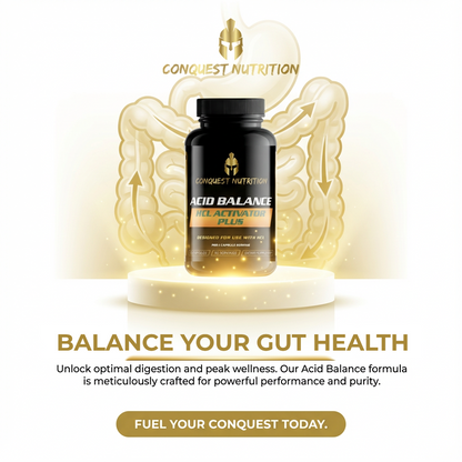 Conquest Nutrition Acid Balance supplement bottle with a stylized gut on a white background