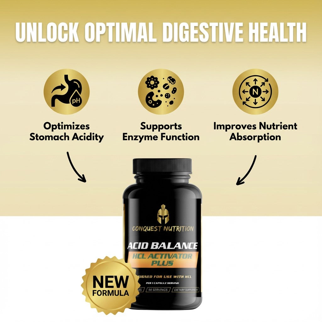 Conquest Nutrition Acid Balance supplement bottle with benefits on a beige background