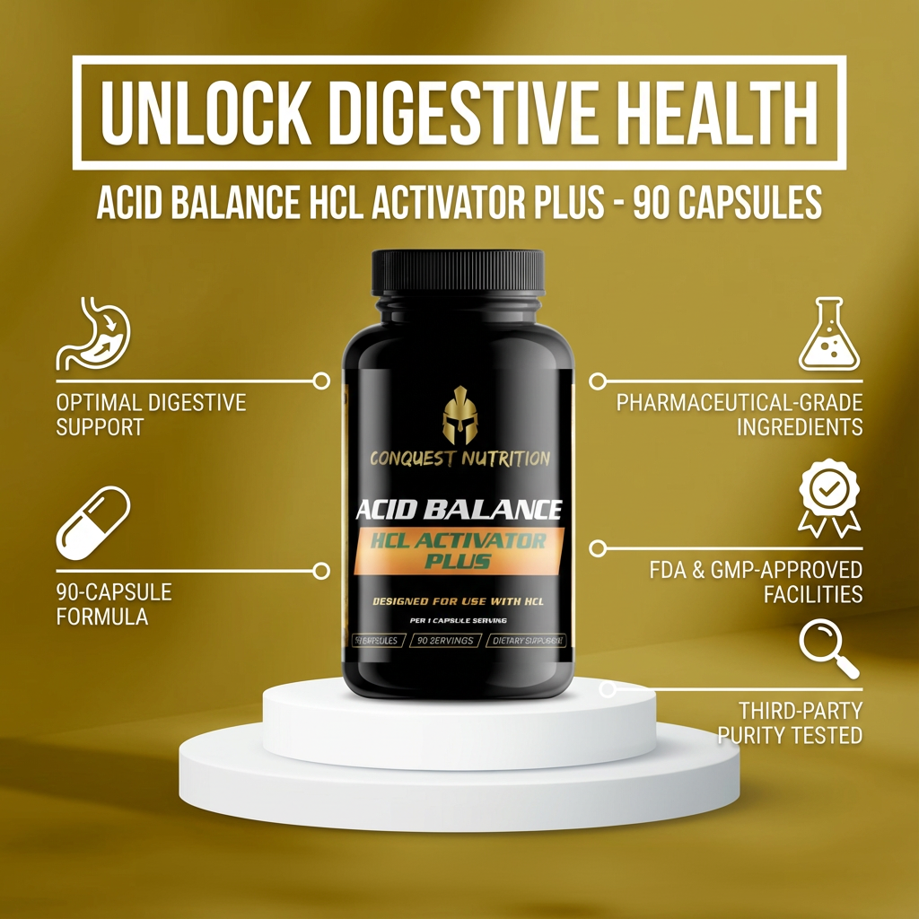 Conquest Nutrition Acid Balance HCL Activator Plus supplement bottle on a yellow background with text about digestive health benefits.
