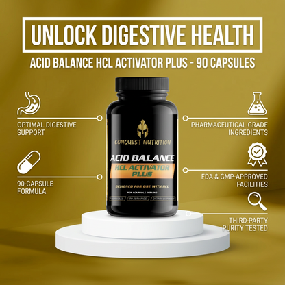 Conquest Nutrition Acid Balance HCL Activator Plus supplement bottle on a yellow background with text about digestive health benefits.
