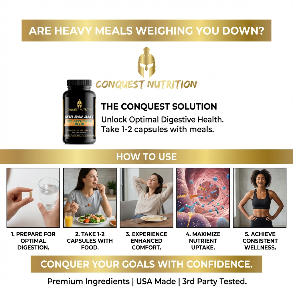 Advertisement for Conquest Nutrition supplement with product and usage instructions.