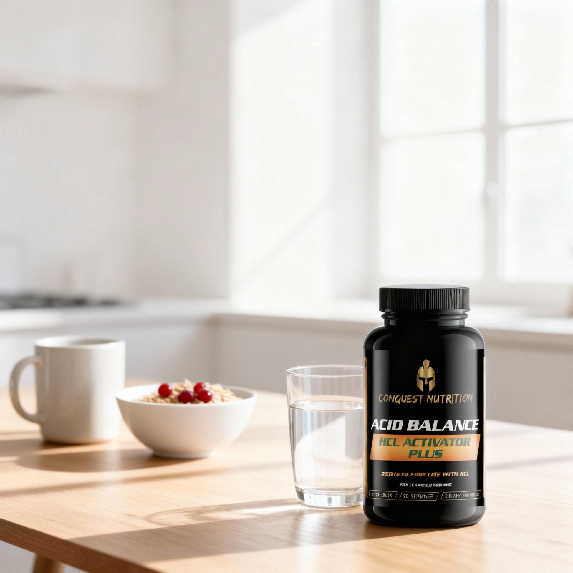 Conquest Nutrition Acid Balance All Activator Plus supplement bottle on a kitchen counter with a bowl of cereal and a glass of water.