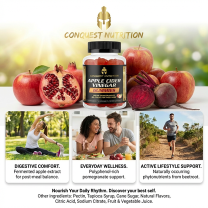 Conquest Nutrition Apple Cider Vinegar Gummies with fruits and lifestyle images on a blurred nature background.