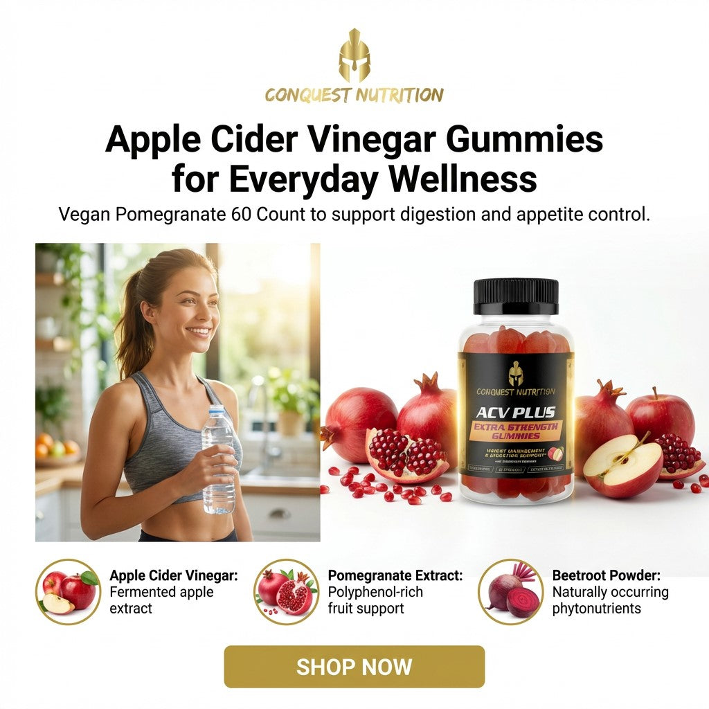 Advertisement for Conquest Nutrition Apple Cider Vinegar Gummies with images of a woman, pomegranates, and gummies.