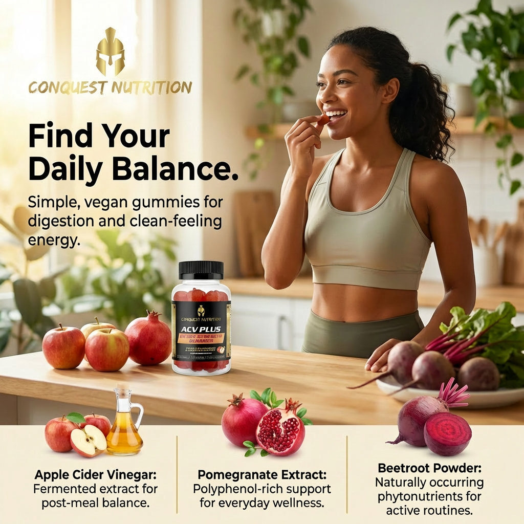 Woman eating a supplement with fruits and vegetables on a table, promoting Conquest Nutrition products.