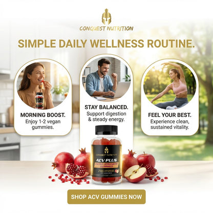 Advertisement for Conquest Nutrition ACV Plus gummies with lifestyle images and product display.