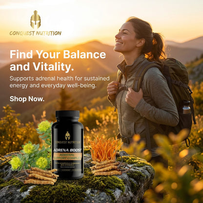 Woman with backpack in a mountainous landscape with Conquest Nutrition Adrena Boost supplement.