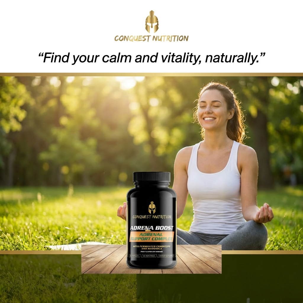 Woman meditating outdoors with a Conquest Nutrition supplement bottle in the foreground