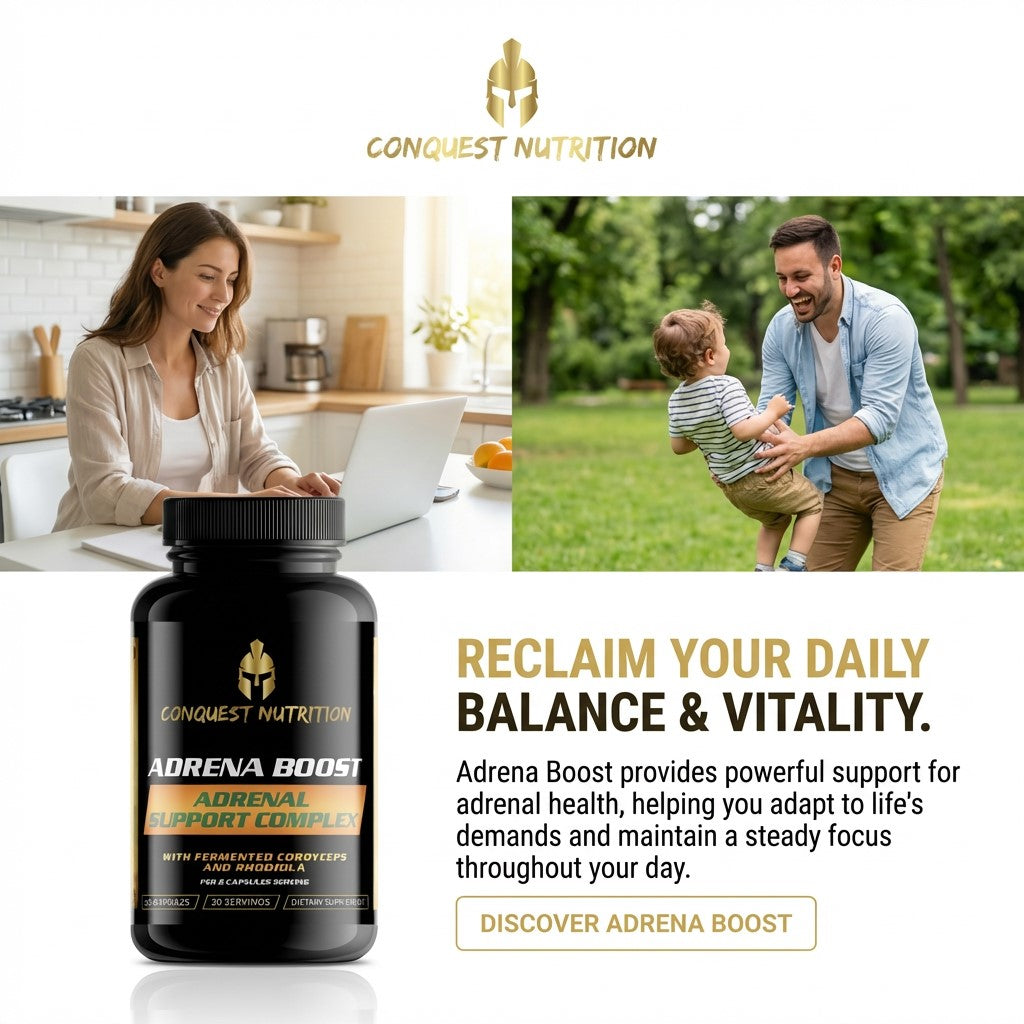 Advertisement for Conquest Nutrition Adrena Boost supplement with lifestyle images and text.