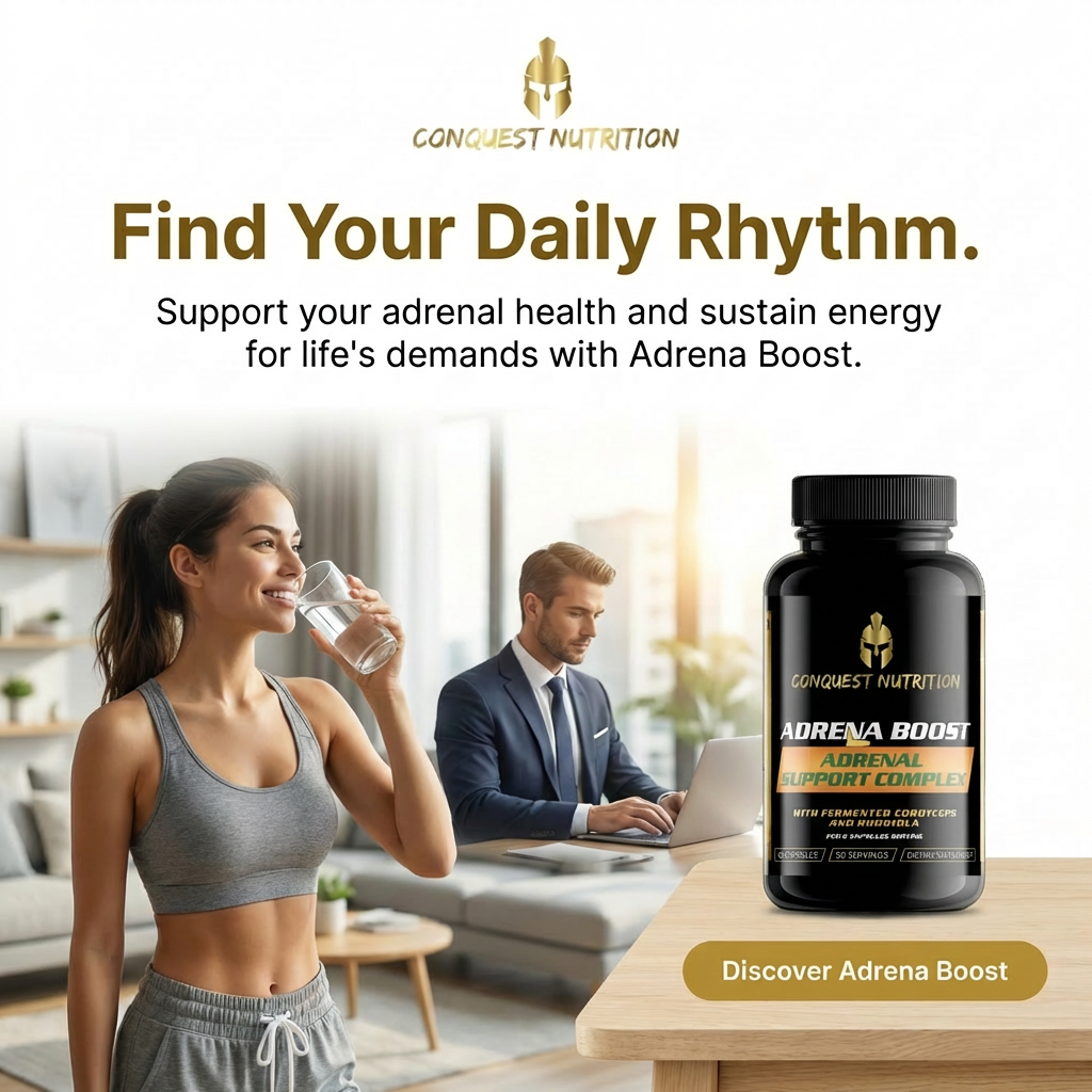 Advertisement for Conquest Nutrition Adrena Boost supplement with a woman drinking water and a man working on a laptop.