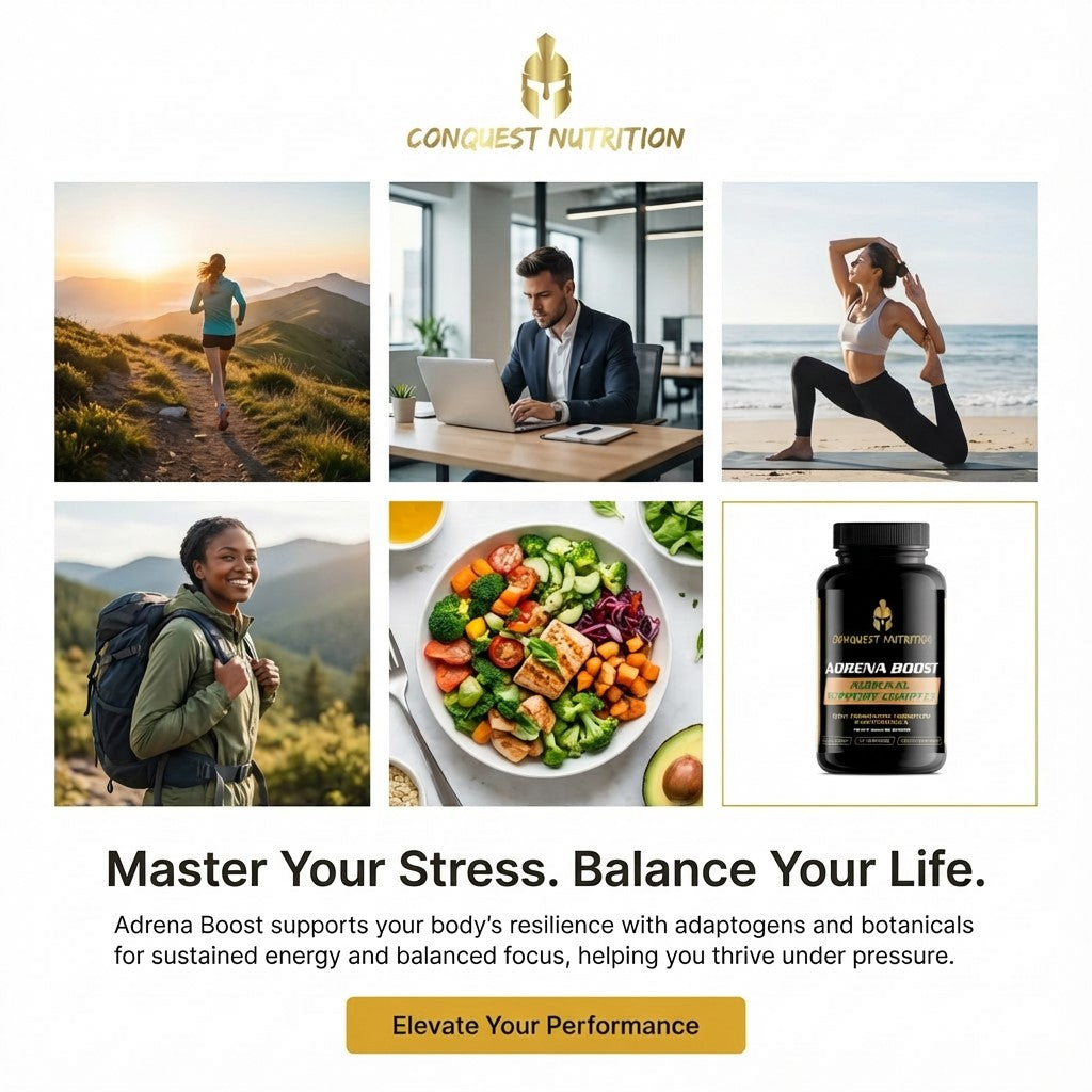 Promotional image for Conquest Nutrition with lifestyle images and product display.