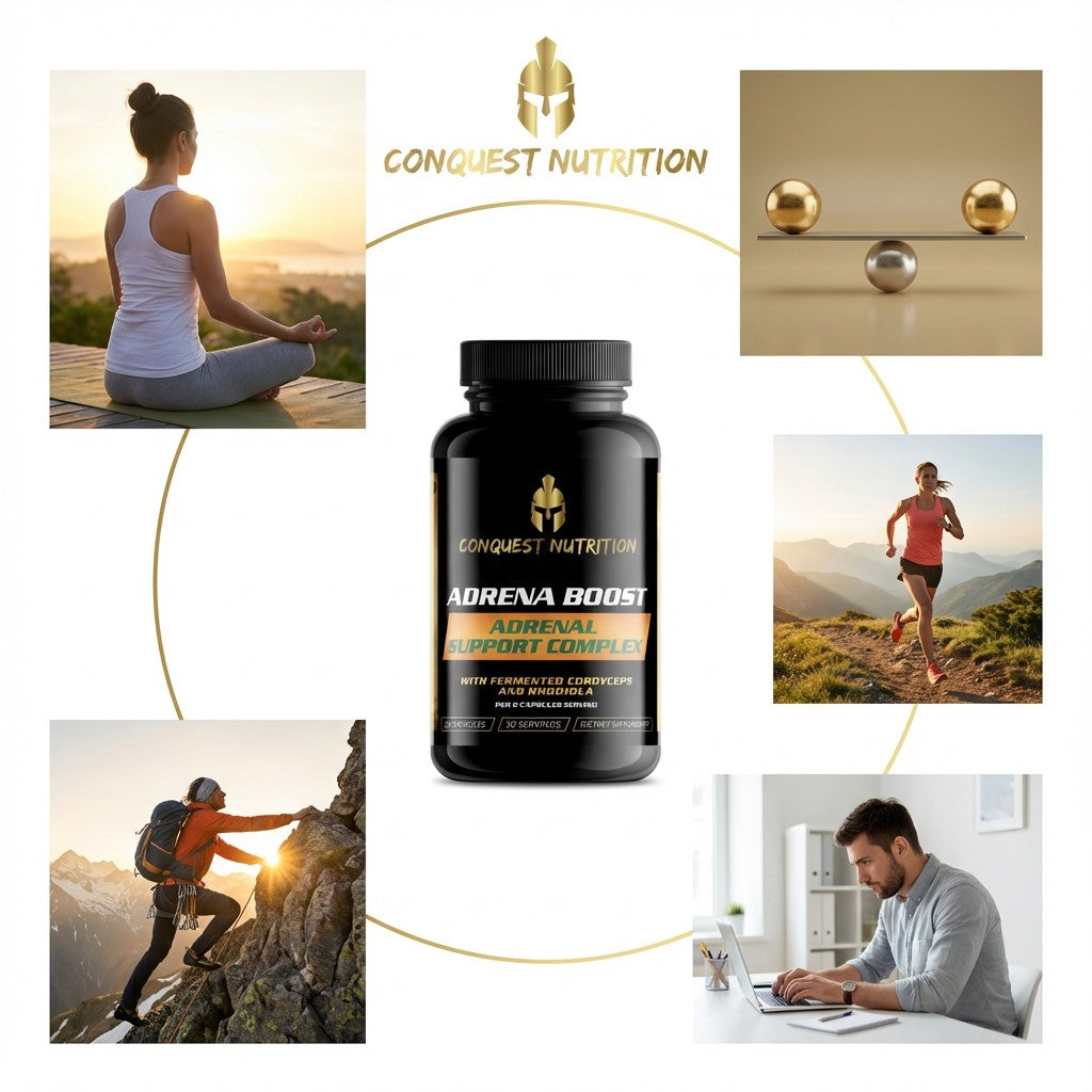 Conquest Nutrition Adrena Boost supplement bottle surrounded by lifestyle images of a woman meditating, a man running, a person hiking, and a person working.