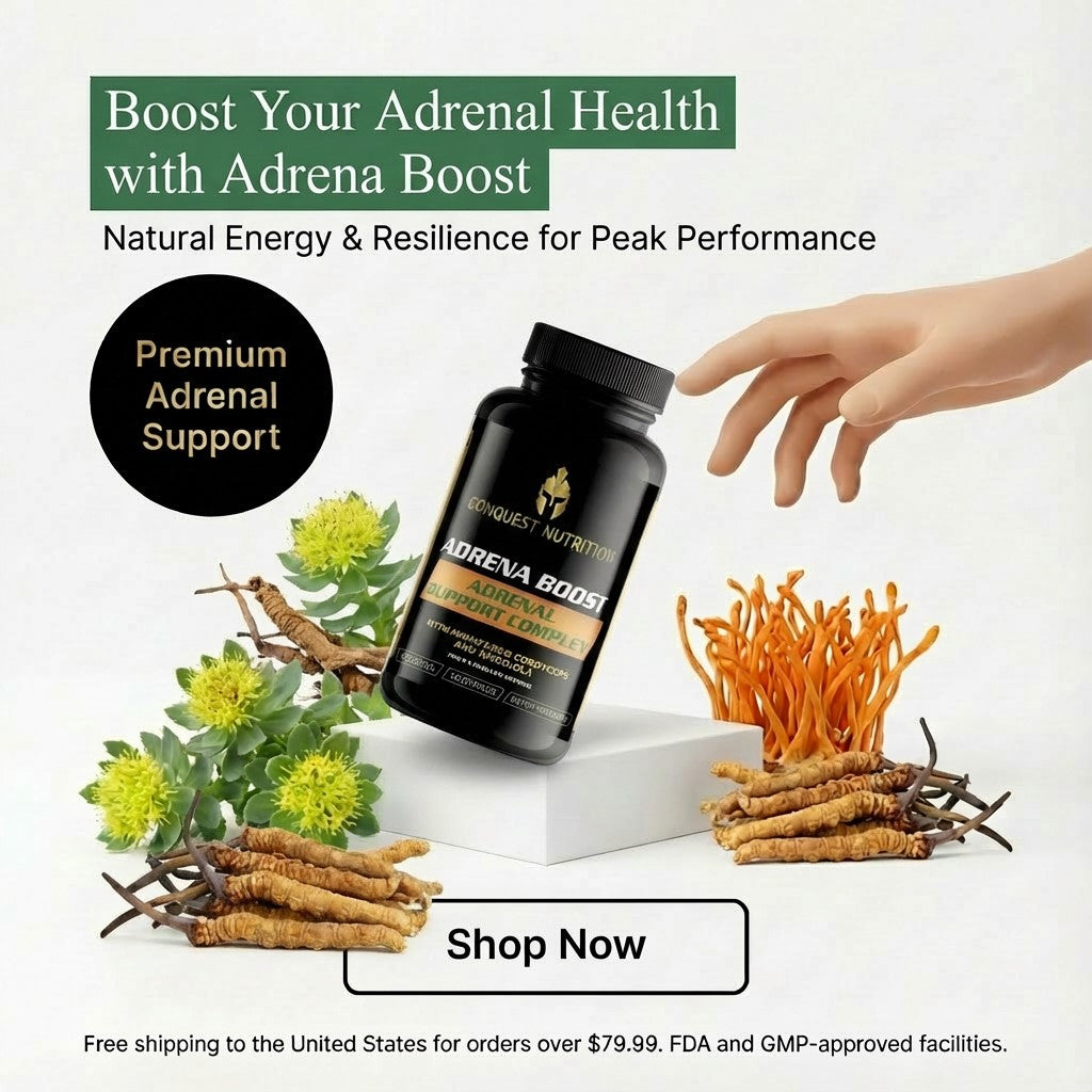 Adrena Boost supplement bottle with natural ingredients and hand reaching for it on a light background